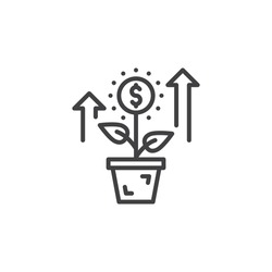 Growing plant, flower with dollar sign line icon, outline vector sign, linear pictogram isolated on white. Investment symbol, logo illustration