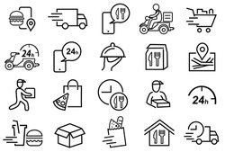 20 Set of Food Delivery Related Vector Line Icons. Contains such Icons as Courier, Food Box, trolley, motorcycle,
Food Packages, Contactless Delivery, and more, Editable Stroke 