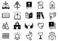 Christian religion icons set, Catholic symbol illustration, contain such icon as bible, church, candle, bell, pray and more. editable file. vector