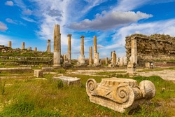 Ruins of the Temple of Artemis Leukophryene in Magnesia on the Maeander ancient site in Aydin province of Turkey. This famous temple was the fourth largest Ionian temple of the Hellenistic period