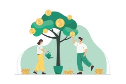People watering money tree and picking golden coins from green plant. Successful business growth, income and investment concept. Flat characters making money. Company have cash financial profits.