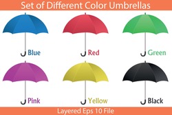 Set of different colors umbrella vector on isolated white background. Hand-drawn cartoon blue, red, green, pink, yellow, and black umbrellas. Printable eps 10 file format.