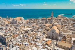 Aerial view of Bari old town. On the right there is Bari Cathedral (Saint Sabino), on the left there is 