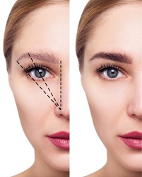 Young woman with dotted lines before and after eyebrows correction.