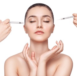 Collage of beautiful woman has an injections in face. Many syringes. Anti-wrinkles injections concept.