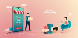 Online shopping on website E-commerce or mobile phone applications vector concepts and digital marketing. The woman is shopping on mobile phone and the man delivering.