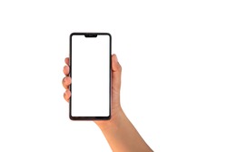 The hand is holding the white screen, the mobile phone is isolated on a white background with the clipping path.