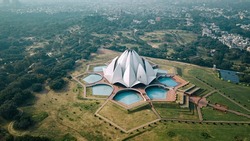 The Lotus Temple located in Delhi, India. Aerial photo.