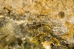 Sea water ripples by the sea rocks with patella sea snails, abstract water background