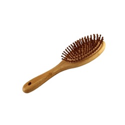 Wooden hairbrush isolated object bamboo material eco-friendly natural concept, personal woman beauty accessory, soft focus clipping path