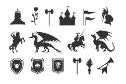 Heraldic symbols and elements. Medieval clip art silhouettes. Vector illustration