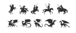 knight and dragon fight silhouette. Medieval battle outlines. Vector illustration