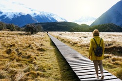 Traveler walking to the Mountain cook with beautiful view at South Newzealand.