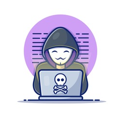 Hacker Operating A Laptop Vector Icon Illustration. Hacker And Laptop. Hacker And Technology Icon Concept White Isolated. Flat Cartoon Style Suitable for Web Landing Page, Banner, Sticker, Background