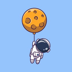 Astronaut Floating With Moon Vector Icon Illustration. Spaceman Mascot Cartoon Character. Science Icon Concept Isolated. Flat Cartoon Style Suitable for Web Landing Page, Banner, Flyer, Sticker, Card