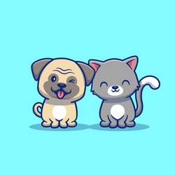 Cute Cat And Dog Cartoon Vector Icon Illustration. Animal Icon Concept Isolated Premium Vector. Flat Cartoon Style 