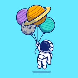 Cute Astronaut Floating With Planets Cartoon Vector Icon Illustration. Space Icon Concept Isolated Premium Vector. Flat Cartoon Style 