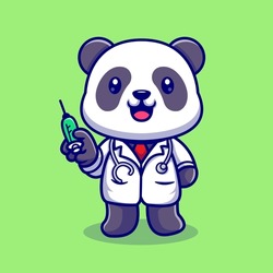 Cute Panda Doctor With Syringe Cartoon Vector Icon Illustration. Animal Health Icon Concept Isolated Premium Vector. Flat Cartoon Style