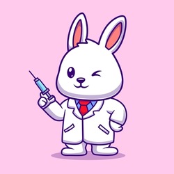 Cute Rabbit Doctor Holding Injection Cartoon Vector Icon Illustration. Animal Healthcare Icon Concept Isolated Premium Vector. Flat Cartoon Style