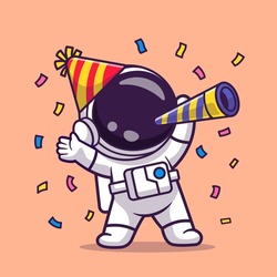 Cute Astronaut Celebrate Birthday Party Cartoon Vector Icon Illustration. Science Holiday Icon Concept Isolated Premium Vector. Flat Cartoon Style