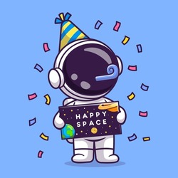 Cute Astronaut Celebrate Birthday Party Space Cartoon Vector Icon Illustration. Science Holiday Icon Concept Isolated Premium Vector. Flat Cartoon Style