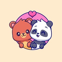 Cute Couple Bear And Cute Panda With Love Cartoon Vector Icon Illustration. Animal Nature Icon Concept Isolated Premium Vector. Flat Cartoon Style