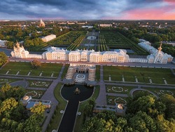 Peterhof Palace aerial view. Petergof Fountains panoramic top view at sunset. Saint Petersburg Russia. 