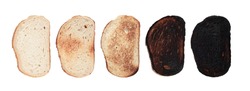 top view of slices of bread at different stages of toasting with last one completely charred and burnt isolated on white background