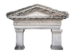 front view closeup of ancient architectural temple frontispiece with marble arcade archway with stone column pillars isolated on white background