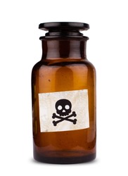 front view of brown medical glassware with glass cap and the poison label sign isolated on white background