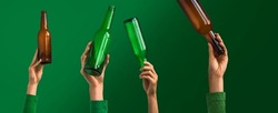 Humans hand shows used recyclable packages materials of bottle glass transparent. Many glass bottles separe and prepared for recycling. Concept of responsible, care and save the world. Wide banner.