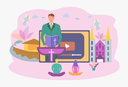 The pastor conducts online service to God. Online sermon system, the concept of studying the word of God. Personal blog of a pastor or priest. Colorful vector illustration.