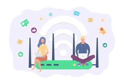 Wireless internet router, modem, Wi-Fi connection. Colorful vector illustration.