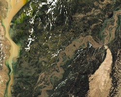 Satellite image of floods in near Sukkur in Pakistan taken on August 28, 2022. Elements of this image furnished by NASA.