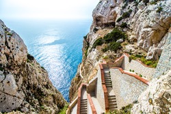 The stairway leading to the Neptune's Grotto, in Capo Caccia cliffs, near Alghero, in Sardinia, Italy