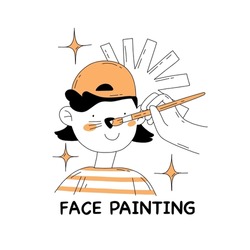 Face painting Party. Kid with painted faces. Tiger mask on boy face hand drawn outline Vector illustration in doodle style isolated on white background.
