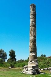 Ruins of Temple of Artemis or Artemision, also known as Temple of Diana. Greek temple dedicated to ancient, local form of goddess Artemis, Ephesus, Selcuk, Turkey. Vertical image.