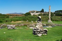 Ruins of Temple of Artemis or Artemision or Temple of Diana. Greek temple dedicated to ancient, local form of goddess, Ephesus, Selcuk, Turkey. Stork's nest on ruins of ancient temple column.
