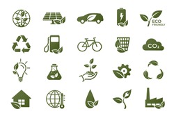 eco icon set. eco friendly, ecology, green technology and environment symbols. isolated vector images in flat style