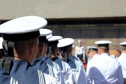 Russian army sailors in white dress uniforms. Back view. Selective focus