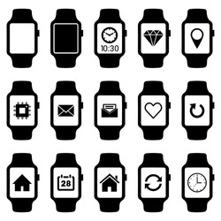 Smartwatch wearable technology symbol with different icons. Flat design style modern vector illustration concept of smartwatch gadget, clock time, Diamond, Map Pin Location etc icon and empty window