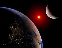 Earth Sun Moon lunar solar eclipse outer space planet. Elements of this image furnished by NASA.