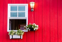 Window with Open Wooden Shutters, Decorated With Fresh Flowers