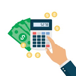 Businessman Hand Using Calculator with Cash and Coins. Calculating Net Worth Concept.