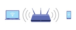 Wi-Fi access point, laptop and phone connection to Wi-Fi point. Wireless router vector icon.