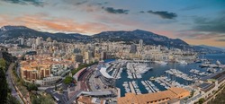 Panorama shot of Monaco City buildings and Monte Carlo on a beautiful spring day