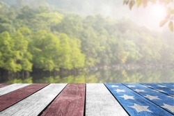 Independence Day, 4th july, Veterans Day, Presidents day, Patriotic USA flag on table top by the lake for background