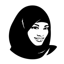 Portrait of a young Muslim woman in hijab. Sketch of smiliing beautiful asian girl in traditional clothing. Black and white hand drawn vector illustration.