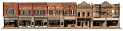 Upper Midwest, turn of the last century architecture. Storefronts like these usually faced the town square which was either a park or a courthouse. The image measures 46 inches in length.