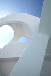 Famous white-painted Greek architecture with arches and colums at Oia, Santorini